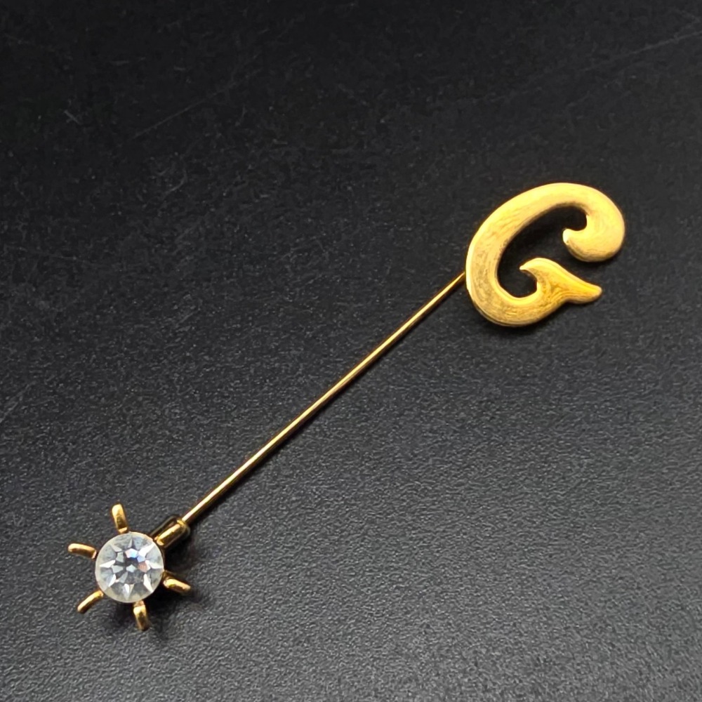 Letter G Gold Tone Stick Pin Rhinestone Vintage Initial Costume Jewelry